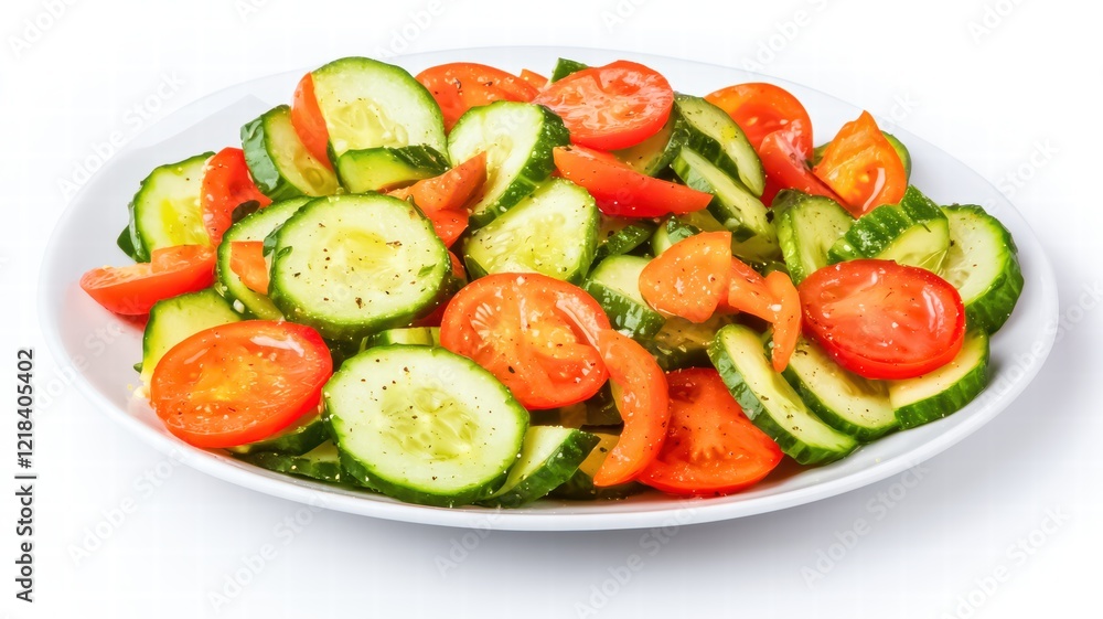 Fresh salad featuring vibrant slices of tomatoes and cucumbers, garnished and served on a white plate. on white background Fresh salad featuring vibrant slices of tomatoes and cucumbers, garnished and served on a white plate. on white background