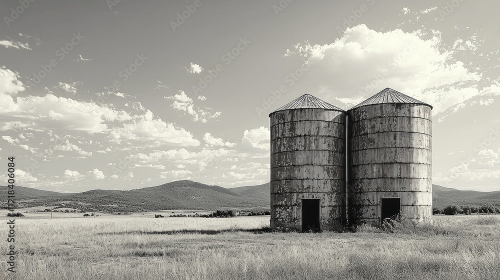 Two large silos dominate the landscape, their weathered surfaces telling stories of the past. Surrounded by golden fields, they stand against distant mountains under a dramatic sky Two large silos dominate the landscape, their weathered surfaces telling stories of the past. Surrounded by golden fields, they stand against distant mountains under a dramatic sky