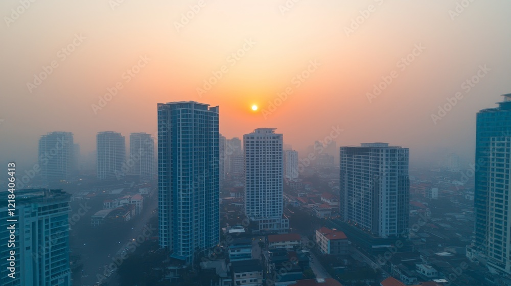 Fototapeta premium Aerial View of Urban Cityscape at Sunset with Airborne Toxins and Hazards in the Atmosphere