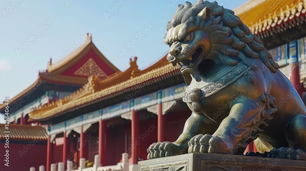 Ancient bronze lion statue guarding the Forbidden City. Ancient bronze lion statue guarding the Forbidden City.