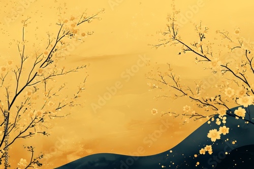 Elegant abstract design featuring blooming branches on a golden background.