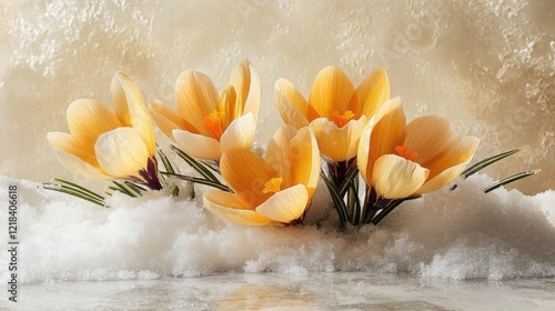 Yellow crocus blooming in the snow announce spring arrival