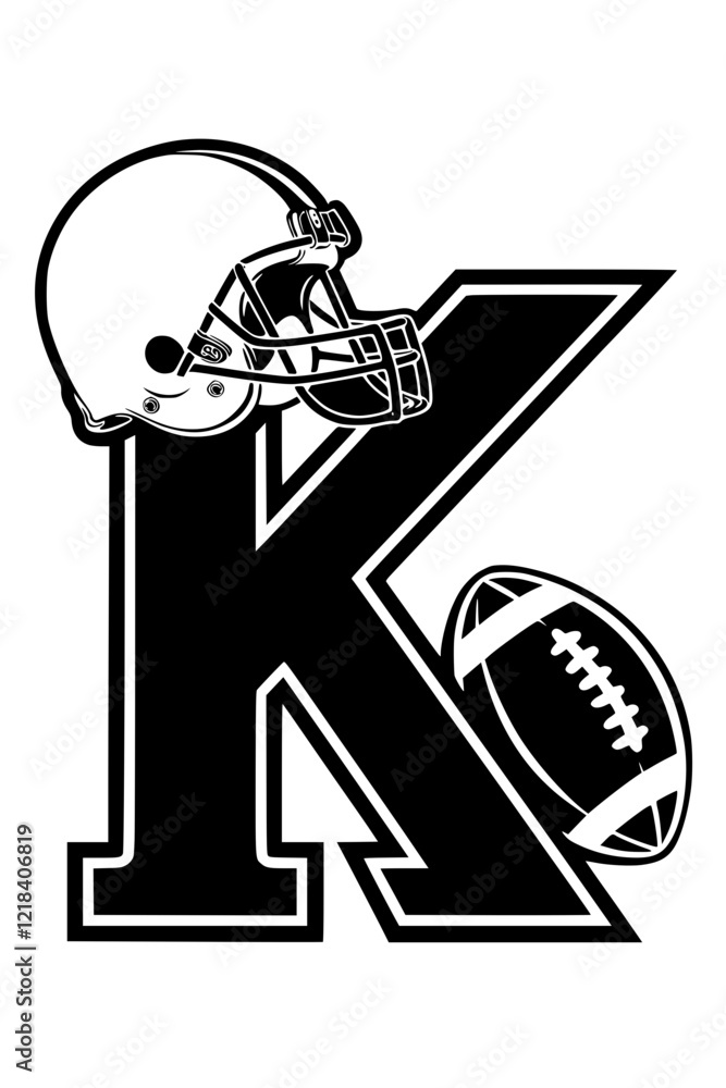 Football helmet and ball with letter K, Black and white illustration featuring the letter K with a football helmet and ball, symbolizing sports, teamwork, and athletic pride.
Football helmet and ball with letter K, Black and white illustration featuring the letter K with a football helmet and ball, symbolizing sports, teamwork, and athletic pride.