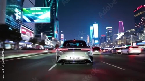 4K Video: Futuristic Car Gliding Through Neon-Lit Night City Streets