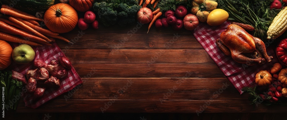 Bountiful Harvest Table with Fresh Vegetables, Fruits, Roast Chicken, and Pumpkins Displayed on a Rustic Wooden Surface for Culinary and Thanksgiving Themes Bountiful Harvest Table with Fresh Vegetables, Fruits, Roast Chicken, and Pumpkins Displayed on a Rustic Wooden Surface for Culinary and Thanksgiving Themes
