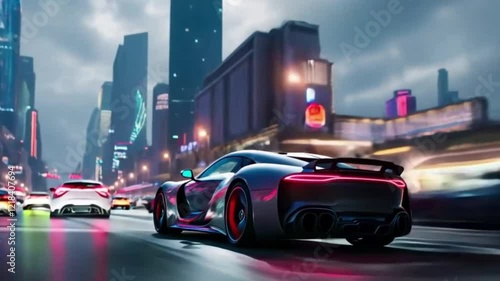 4K Video: Futuristic Car Gliding Through Neon-Lit Night City Streets