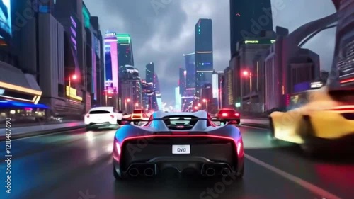 4K Video: Futuristic Car Gliding Through Neon-Lit Night City Streets