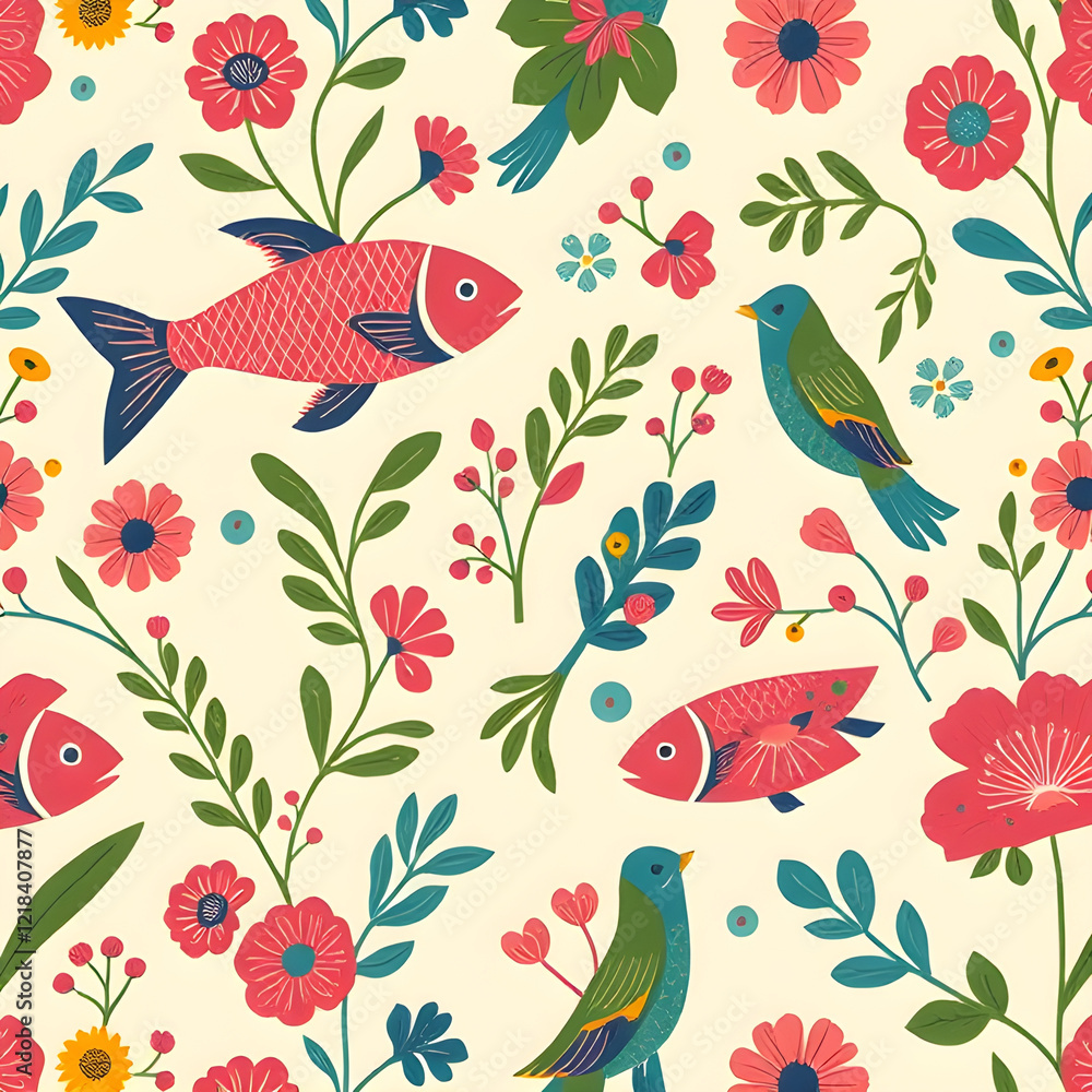 Bengali Folk Art-Inspired Seamless Pattern with Fish, Floral, and Bird Motifs Bengali Folk Art-Inspired Seamless Pattern with Fish, Floral, and Bird Motifs