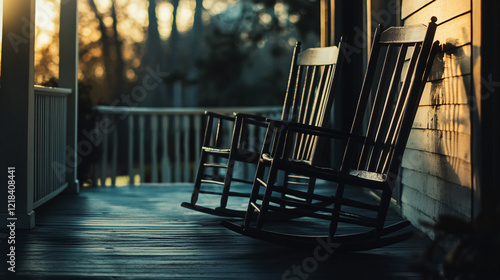 silhouettes of two wooden rocking chairs on a porch at sunset