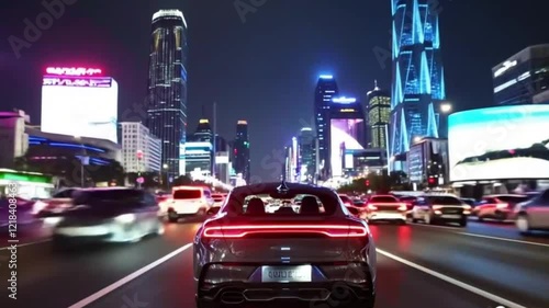 4K Video: Futuristic Car Gliding Through Neon-Lit Night City Streets
