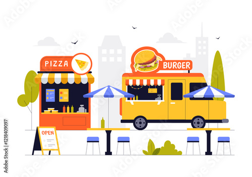 Street Food Festival Event Vector Illustration featuring People and Food Trucks in a Summer Outdoor City Park Marketplace with a Flat Style Background