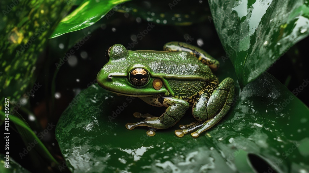 Obraz premium Green frog resting on a large leaf in a lush tropical environment during a rainy day