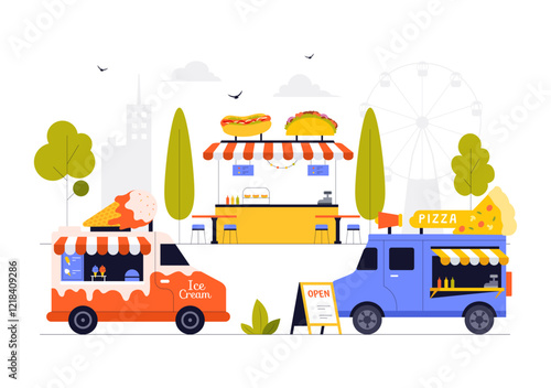 Street Food Festival Event Vector Illustration featuring People and Food Trucks in a Summer Outdoor City Park Marketplace with a Flat Style Background