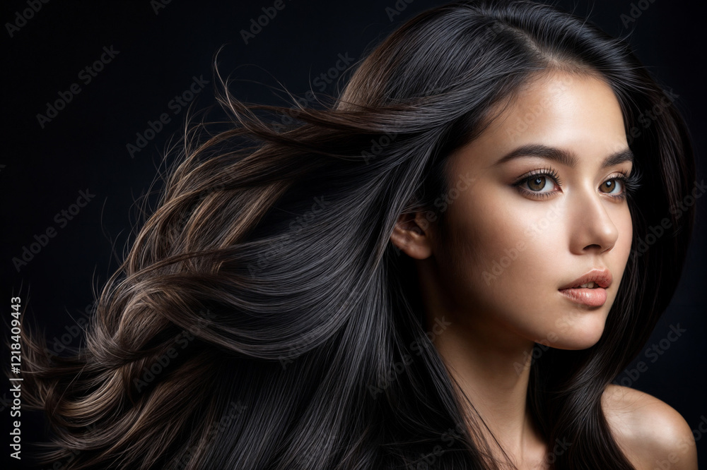 Obraz premium Close-up portrait of a stunning Asian woman with long, flowing, dark hair.