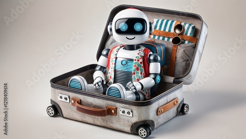adorable robot sitting inside a suitcase