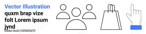 Human figures, shopping bag broad line, and pointing finger next to text. Ideal for teamwork, online shopping, customer service, presentations, marketing web design digital interfaces. Landing page