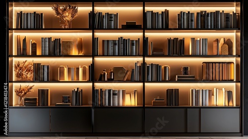 Modern bookcase with books, decor, and warm LED lighting.