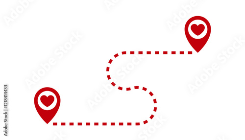 Two red markers with hearts inside, connected by a dashed line. The line curves, connecting the path between the two points. Design for Valentine's Day. 14 February. Love and warmth