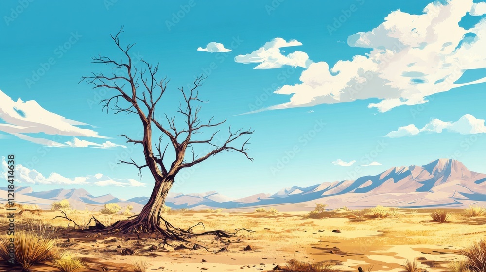Solitary Dead Tree in Desert Landscape with Mountains and Sky Solitary Dead Tree in Desert Landscape with Mountains and Sky