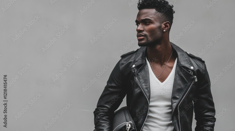 Fototapeta premium Portrait of african man in black leather jacket holding bag, AI generated image