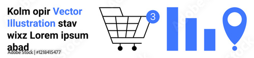 Shopping cart with three items, bar chart, and location pin vector icons. Ideal for eCommerce, statistics, logistics, data visualization, sales tracking, online shopping, business growth. Landing