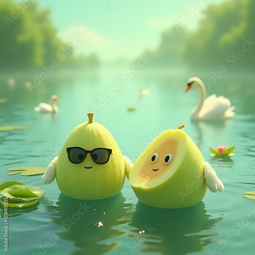 The image features a pair of anthropomorphized yellow squash with sunglasses and an orange face, floating on a tranquil body of water with lily pads and swans in the background. photo