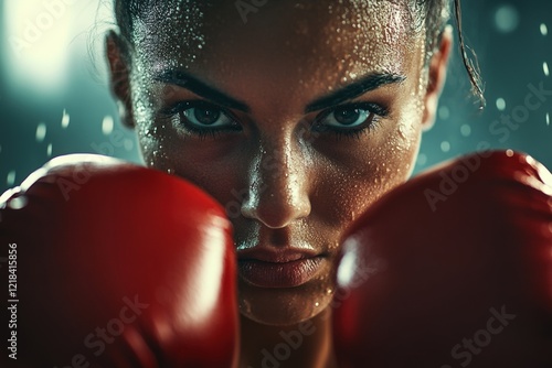 Boxer in red gloves preparing for match with intense focus, sweat glistening, showcasing determination and strength in training environment. Sports, fitness, competition.