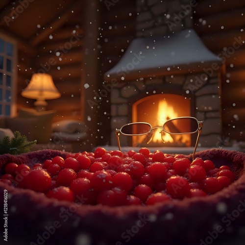 A cozy scene with a bowl of red berries in the foreground, a pair of glasses partially obscuring them, and a softly lit fireplace in the background. photo