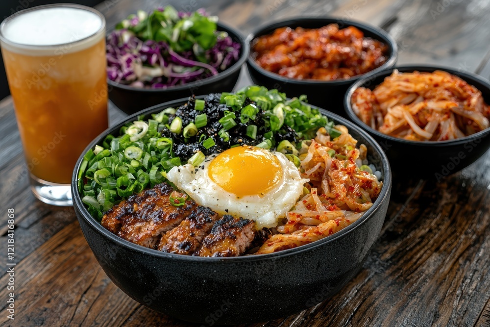 Delicious korean beef bowl with fried egg and assorted side dishes Delicious korean beef bowl with fried egg and assorted side dishes