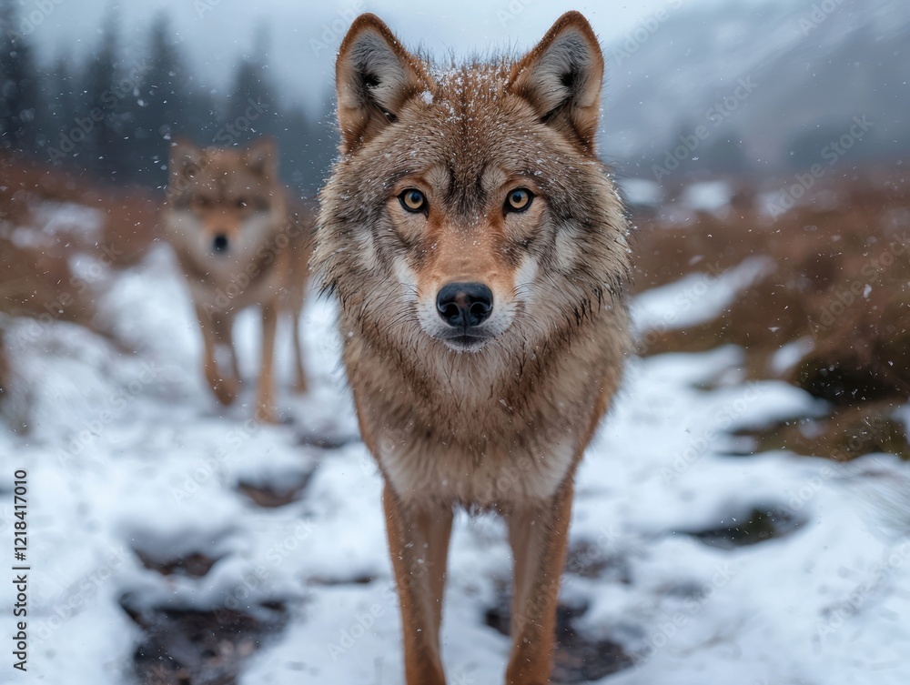 Obraz premium Two majestic wolves in a snowy forest