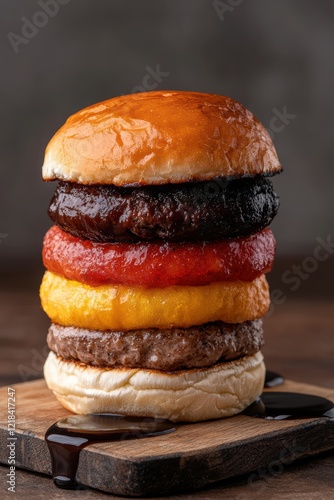 Gourmet triple-decker burger with three patties and colorful sauces photo