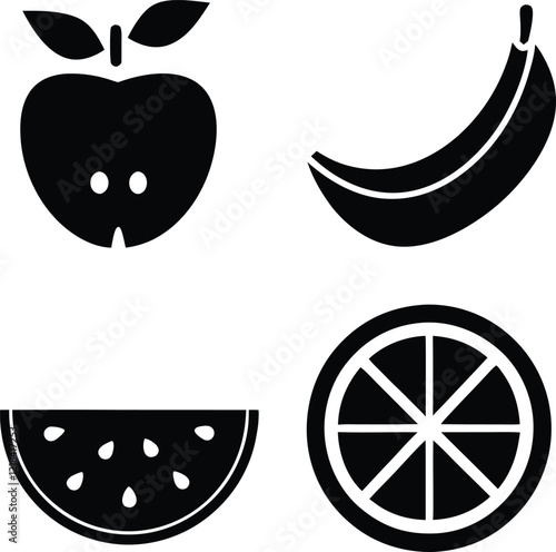 Simple Black Fruit Icons Apple, Banana, Watermelon, Orange