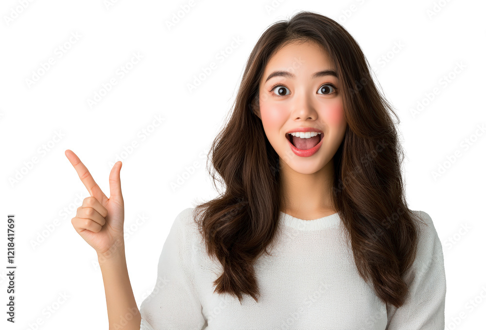 Smiling woman pointing excitedly, expressing joy and surprise. Discover happiness and positivity with engaging expressions for lifestyle content.