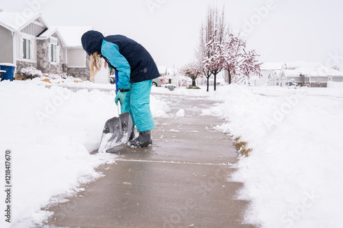 Child shovels snow from sidewalk in suburban neighborhood photo