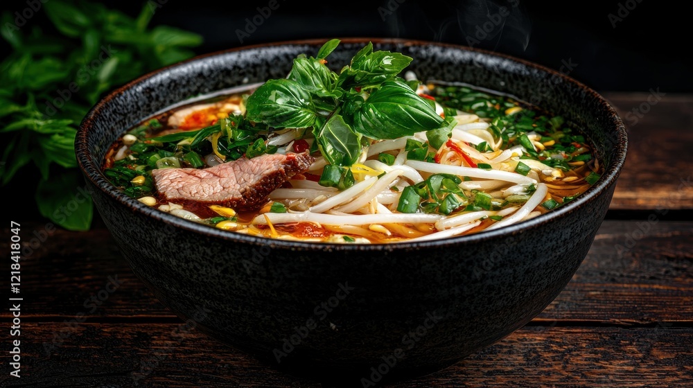 Delicious steaming bowl of beef noodle soup Delicious steaming bowl of beef noodle soup