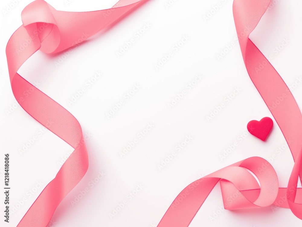 Pink Ribbon Frame with Heart: A delicate and elegant pink ribbon curves into a romantic frame around a small red heart. The image is perfect for a wedding or Valentine's Day card. Pink Ribbon Frame with Heart: A delicate and elegant pink ribbon curves into a romantic frame around a small red heart. The image is perfect for a wedding or Valentine's Day card.