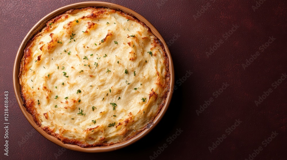 Delicious creamy mashed potato gratin in a rustic bowl Delicious creamy mashed potato gratin in a rustic bowl