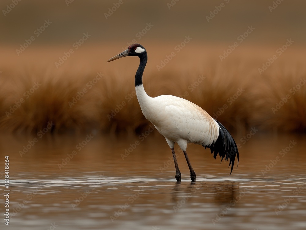 Obraz premium White-naped crane wading in shallow water