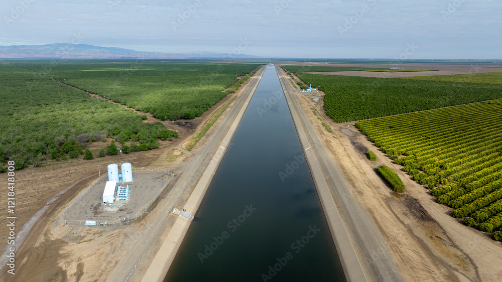 Aerial view California aqueduct runs through central valley farms Aerial view California aqueduct runs through central valley farms