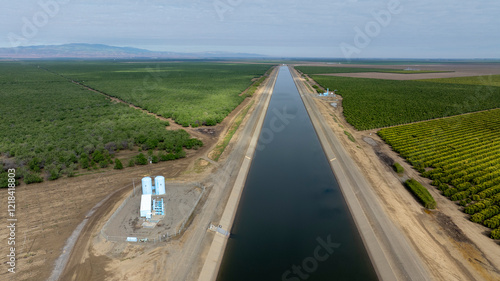 Aerial view California aqueduct runs through central valley farms