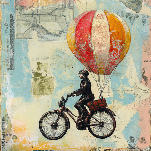 Wallpaper Mural Whimsical Vintage Illustration of a Bicycle with Hot Air Balloon, Ideal for Artistic Home Decor and Unique Greeting Cards Torontodigital.ca