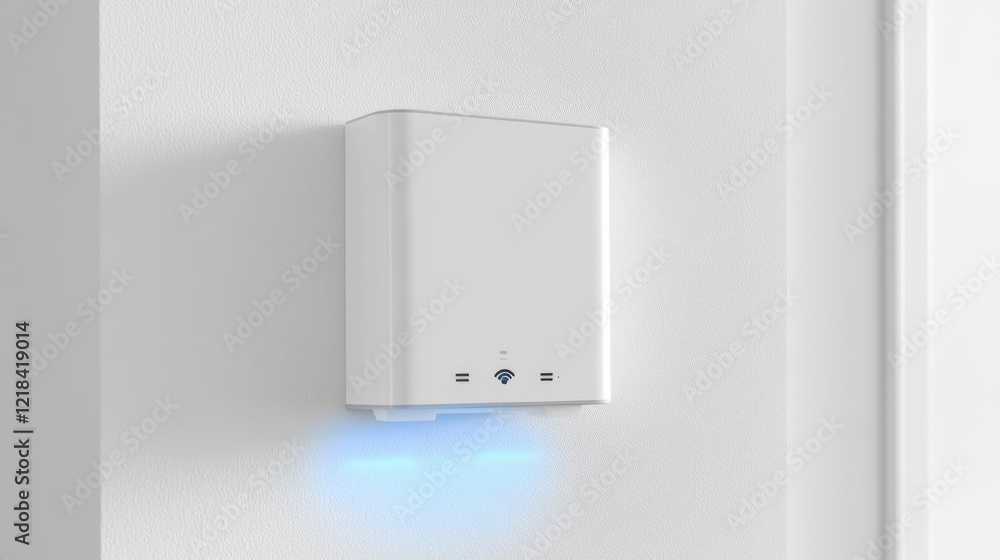 106.A detailed front-facing view of a modern WiFi range extender, its LED indicators glowing faintly, neatly plugged into a pristine white wall outlet, isolated on a white background. 106.A detailed front-facing view of a modern WiFi range extender, its LED indicators glowing faintly, neatly plugged into a pristine white wall outlet, isolated on a white background.