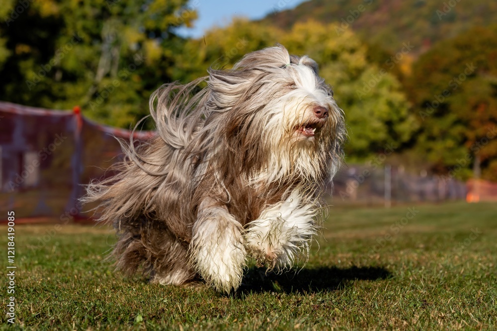 Purebred Bearded Collie Running Lure Course Sprint Dog Sport Purebred Bearded Collie Running Lure Course Sprint Dog Sport