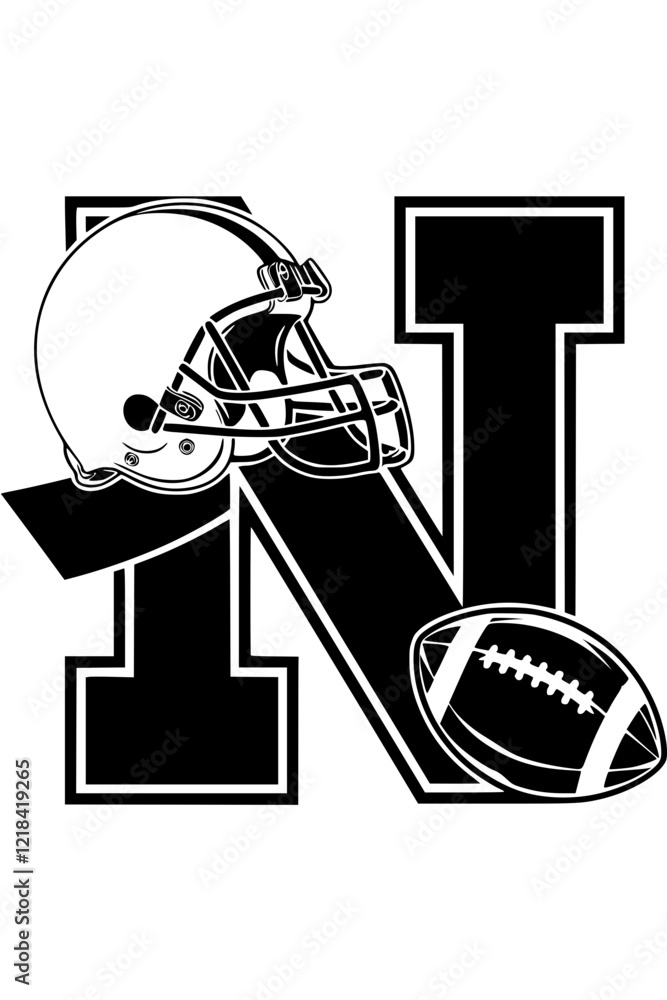 Football helmet and ball with letter N, Black and white illustration featuring the letter N with a football helmet and ball, symbolizing sports, teamwork, and athletic competition.
Football helmet and ball with letter N, Black and white illustration featuring the letter N with a football helmet and ball, symbolizing sports, teamwork, and athletic competition.