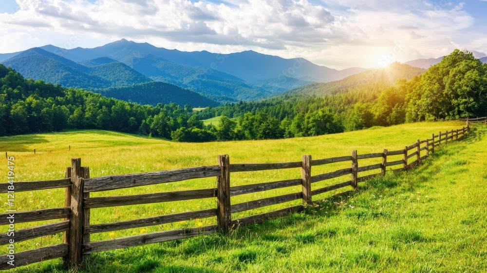 A serene landscape featuring rolling hills, a wooden fence, lush greenery, and a radiant sunset illuminating the mountains. A serene landscape featuring rolling hills, a wooden fence, lush greenery, and a radiant sunset illuminating the mountains.