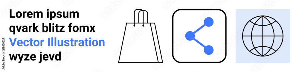 Shopping bag, share icon, and globe illustration represent online shopping, social sharing, and global reach. Ideal for e-commerce, social media, networking, digital marketing global retail online Shopping bag, share icon, and globe illustration represent online shopping, social sharing, and global reach. Ideal for e-commerce, social media, networking, digital marketing global retail online