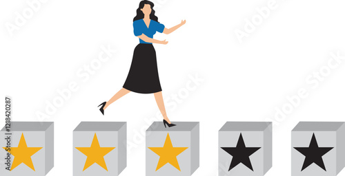 Upskilling and reskilling employee to boost productivity or efficiency, motivation to self development, skill enhancement or personal competency, Businesswoman walking on 5-star rating loading panel