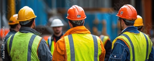 Team-Focused Safety Briefing Construction Workforce in Protective Gear Adhering to Safety Measures A group of construction workers participates in a mandatory safety briefing within a designated