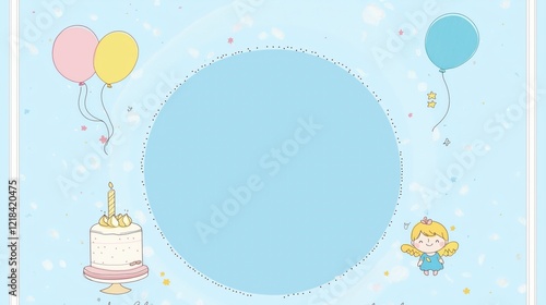 Happy Birthday, balloons with cake and white circle for space for text  photo