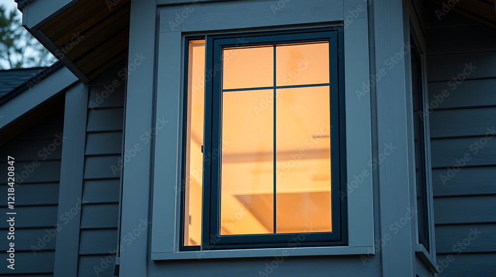 Fototapeta premium Modern Home Exterior with Illuminated Window at Dusk: Sleek Design and Architectural Details
